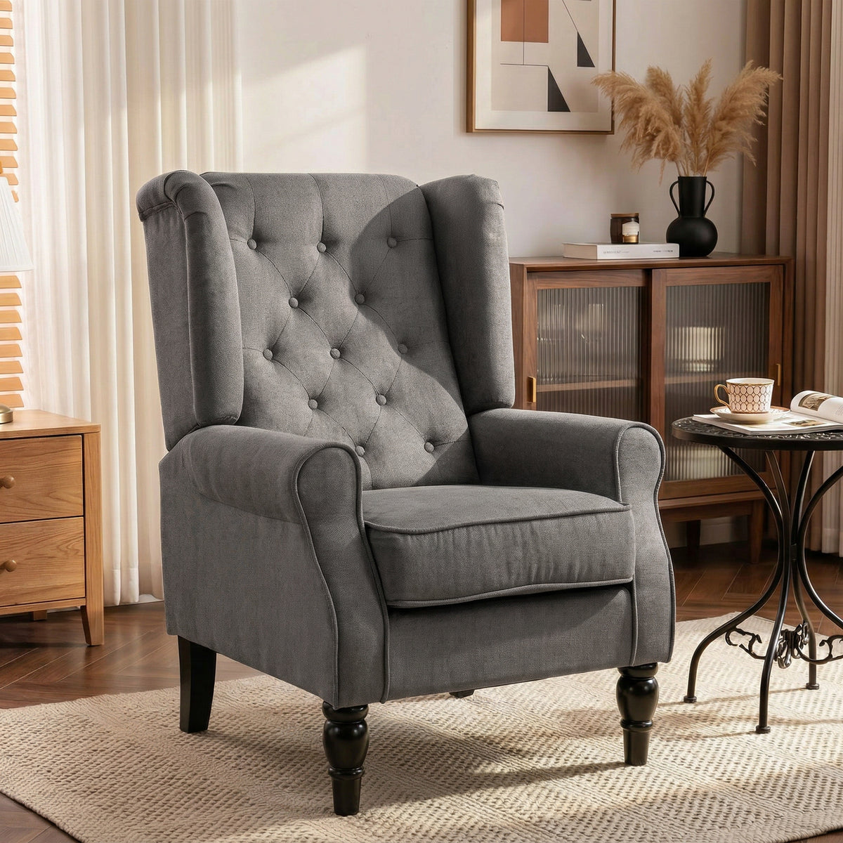 Fauteuil de Salon, Fauteuil d'Appoint Mi-Siècle Moderne en Velours avec Haut Dossier Capitonné à Oreilles, Gris-9
