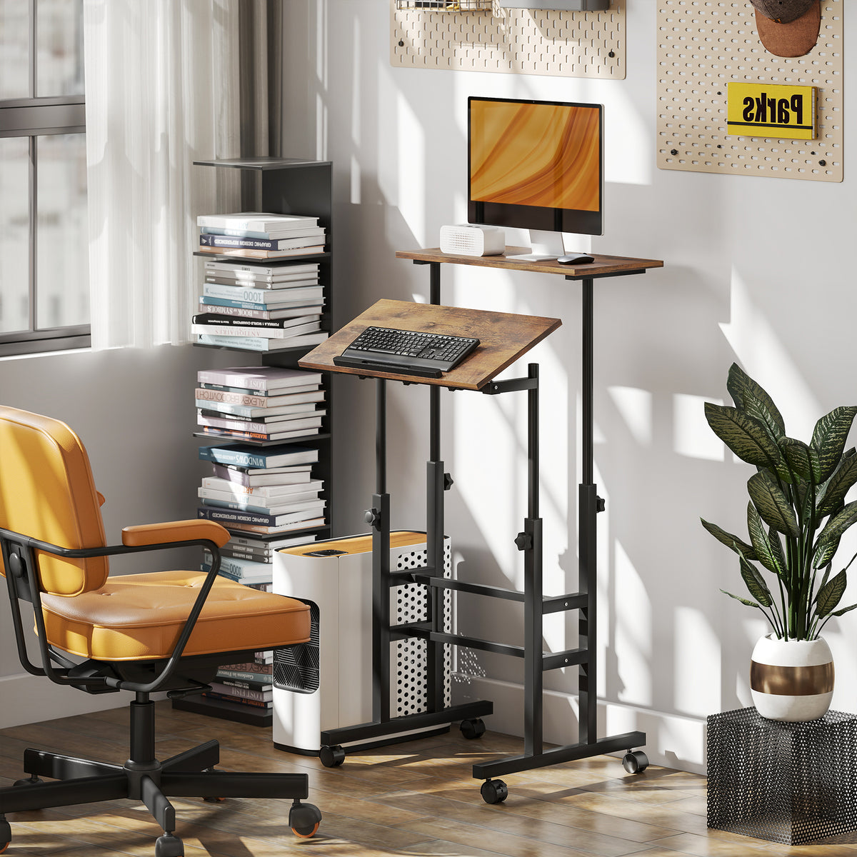 Bureau assis debout bureau réglable en hauteur 60 x 60 cm à roulettes avec plateau inclinable cadre métal brun rustique-7