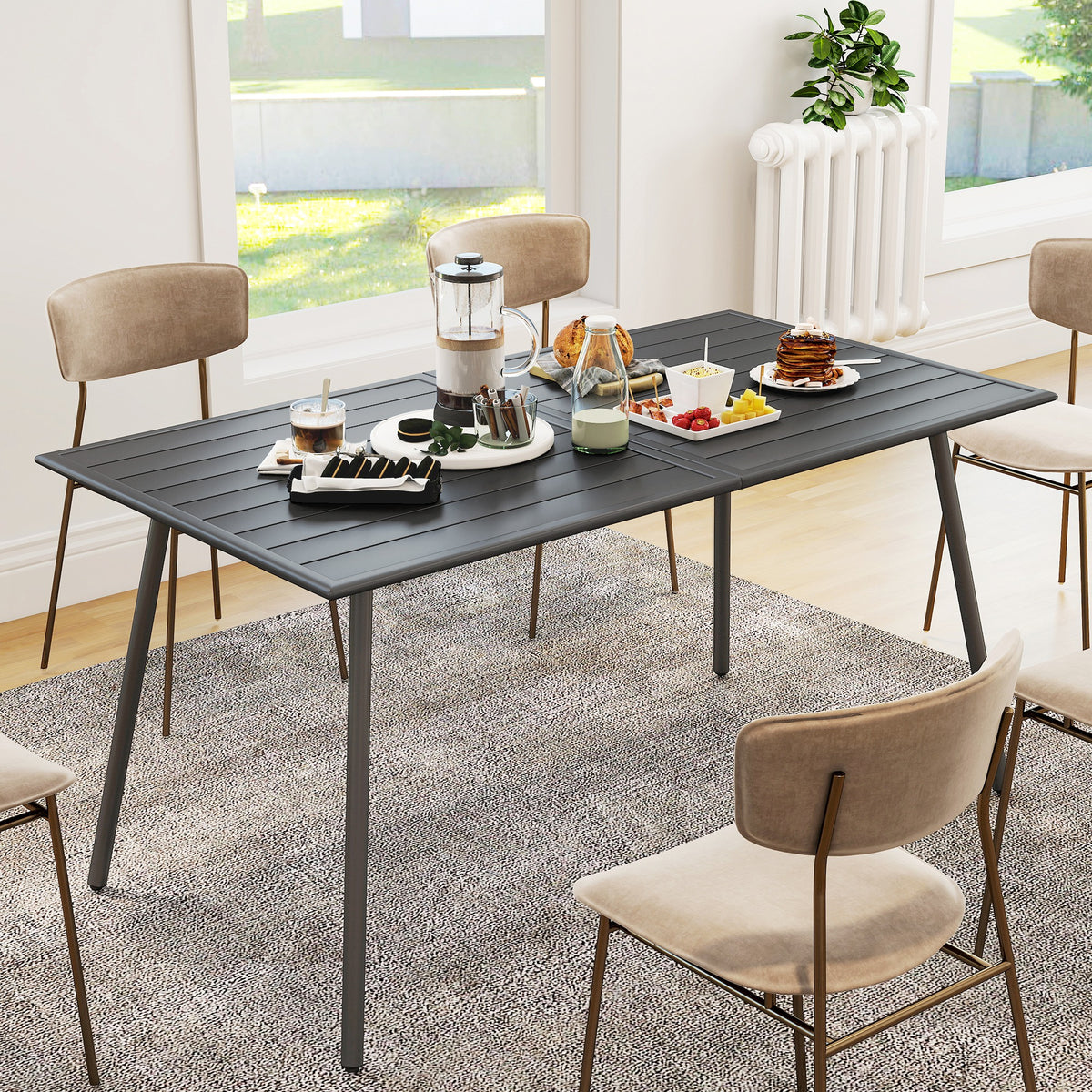 Table à manger de jardin pour 6 personnes avec plateau à lattes pour jardin, patio, terrasse, 150 x 80 x 74 cm, gris-6