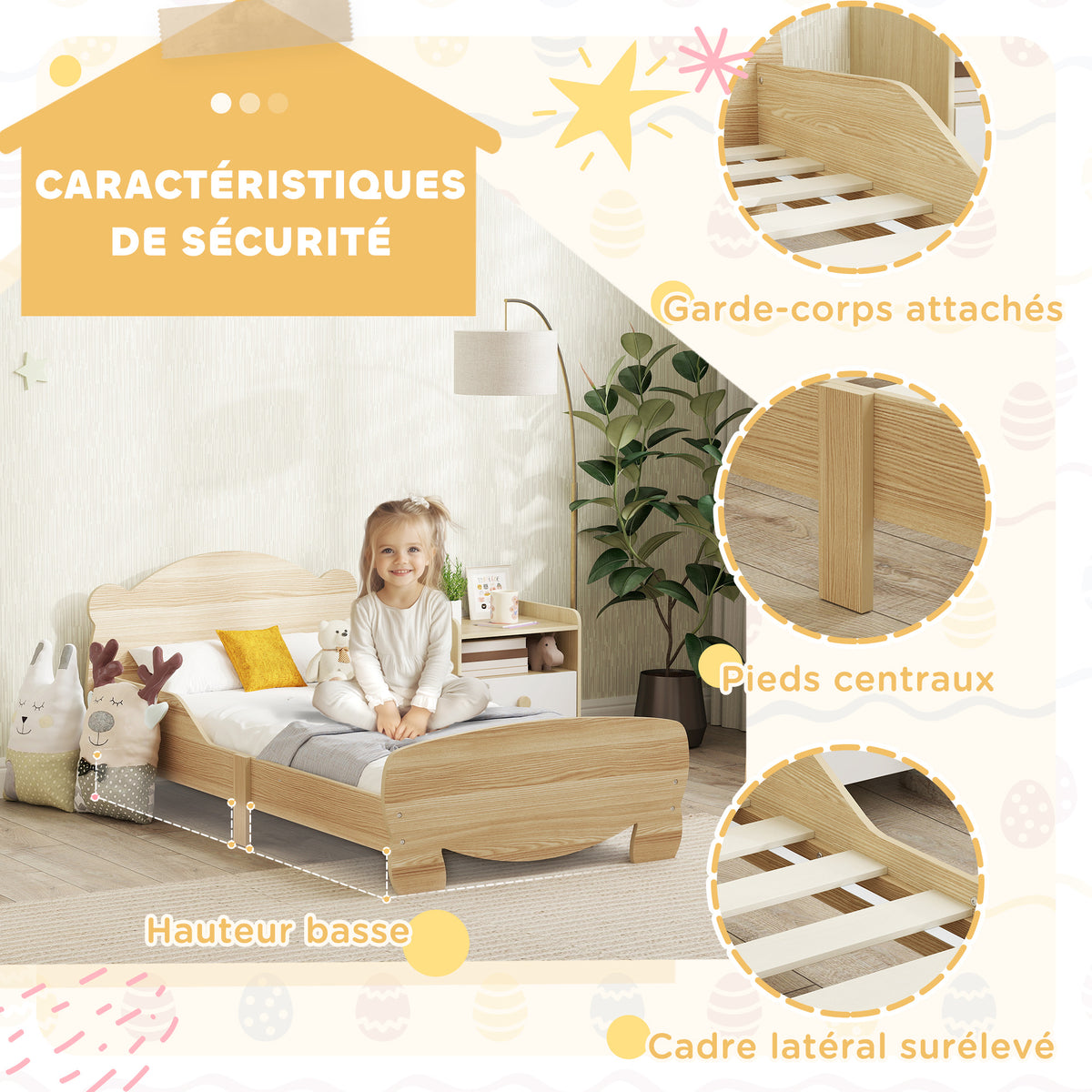 Lit enfant 70x140 cm avec barrières de sécurité thème d'ours pour garçons, filles, âgés de 3 à 6 ans, bois naturel-3