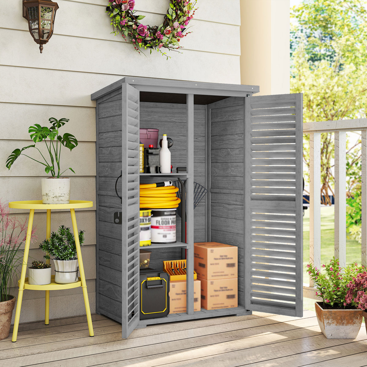 Armoire de Jardin Remise Pour Outils en Bois 2 Étagères Toit Bitumé Portes Persiennes Verrouillable 75 x 50 x 118cm Gris-9