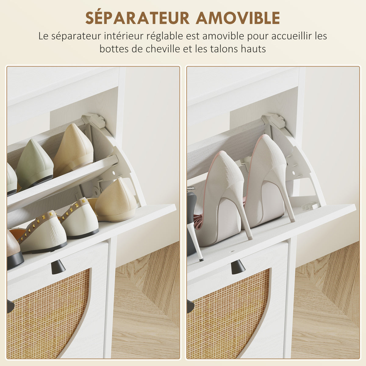Meuble à chaussures 4 abattants 20 paires étagère réglable style bohème pieds en bois massif 105 x 24 x 97,5 cm blanc-5