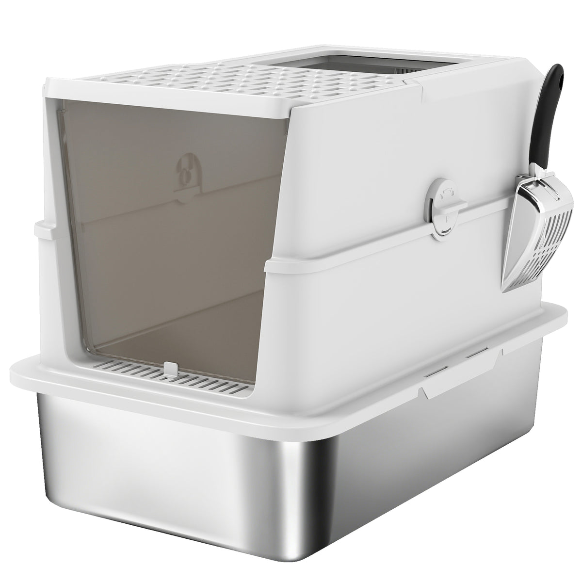 Bac à litière pour chat fermé, maison de toilette pour chat en acier inoxydable, 60,2 x 40,2 x 43,7 cm, gris clair-0