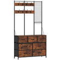 Meuble d'entrée 4 en 1, portemanteau, vestiaire avec 7 tiroirs en tissu et 14 crochets, 100 x 30 x 183 cm, brun rustique-0