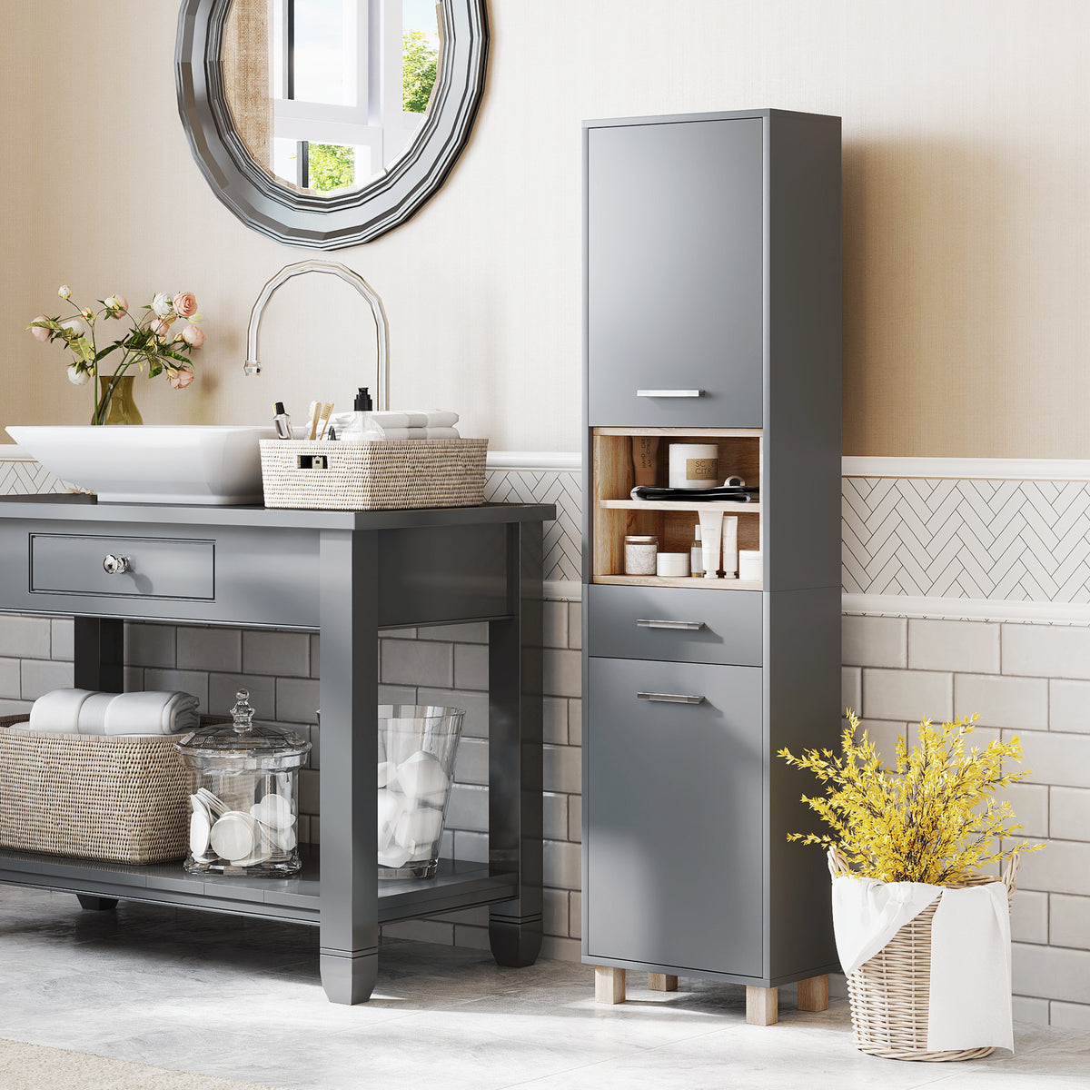 Colonne salle de bain, meuble salle de bain rangement avec 2 placards, tiroir et 2 compartiments ouverts, gris-1
