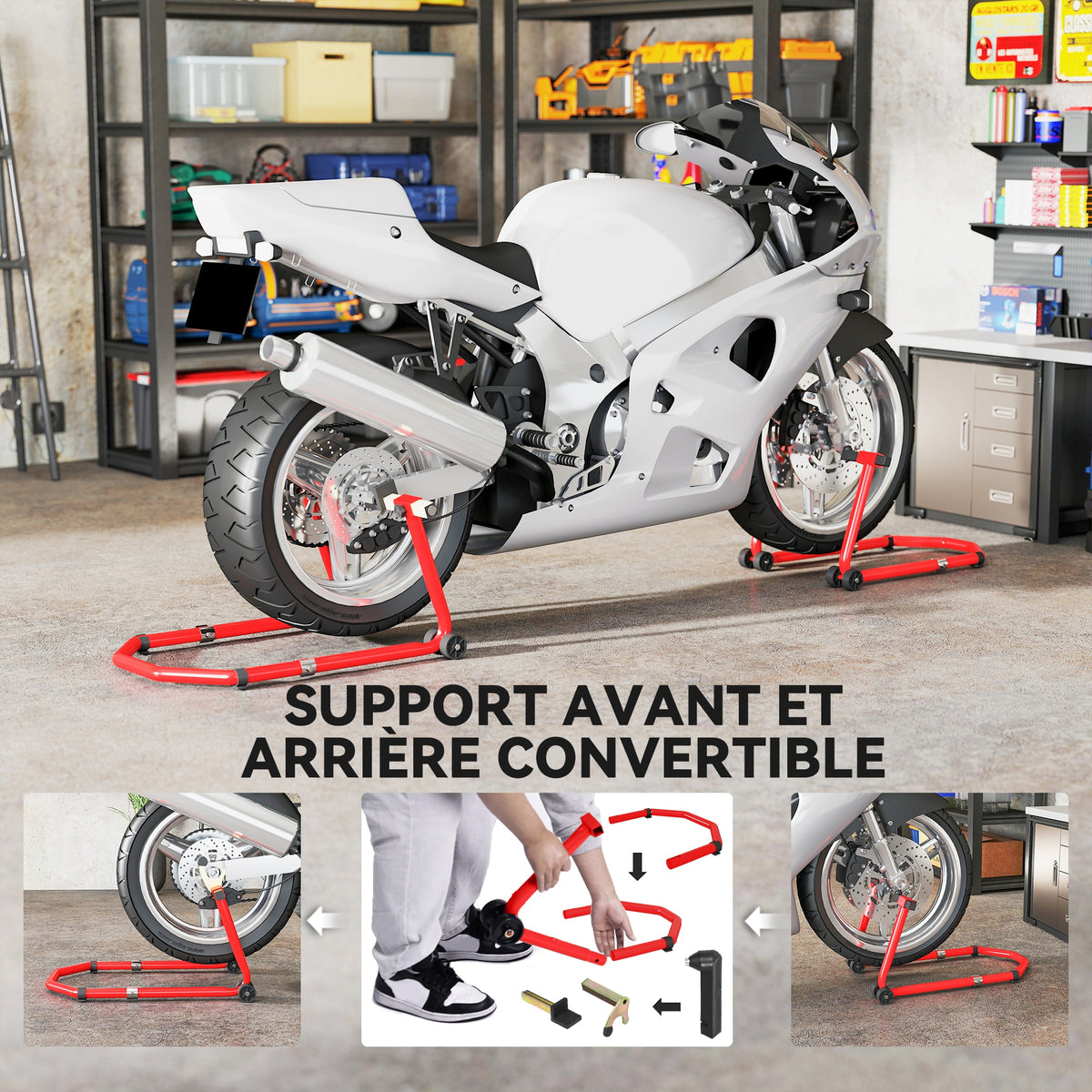 Béquille roue avant arrière charge 390kg béquille d'atelier moto bras réglable en acier, fourche en forme de U + L rouge-3