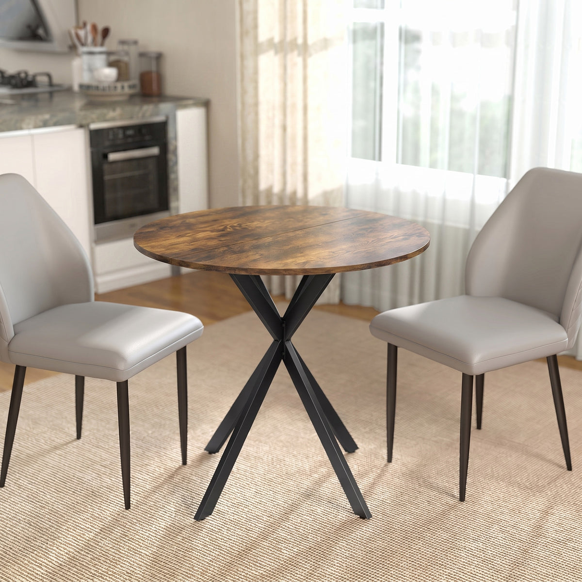 Table à Manger Ronde pour 2 Personnes avec Plateau Aspect Bois et Piètement Croisé en Acier, Brun Rustique-1