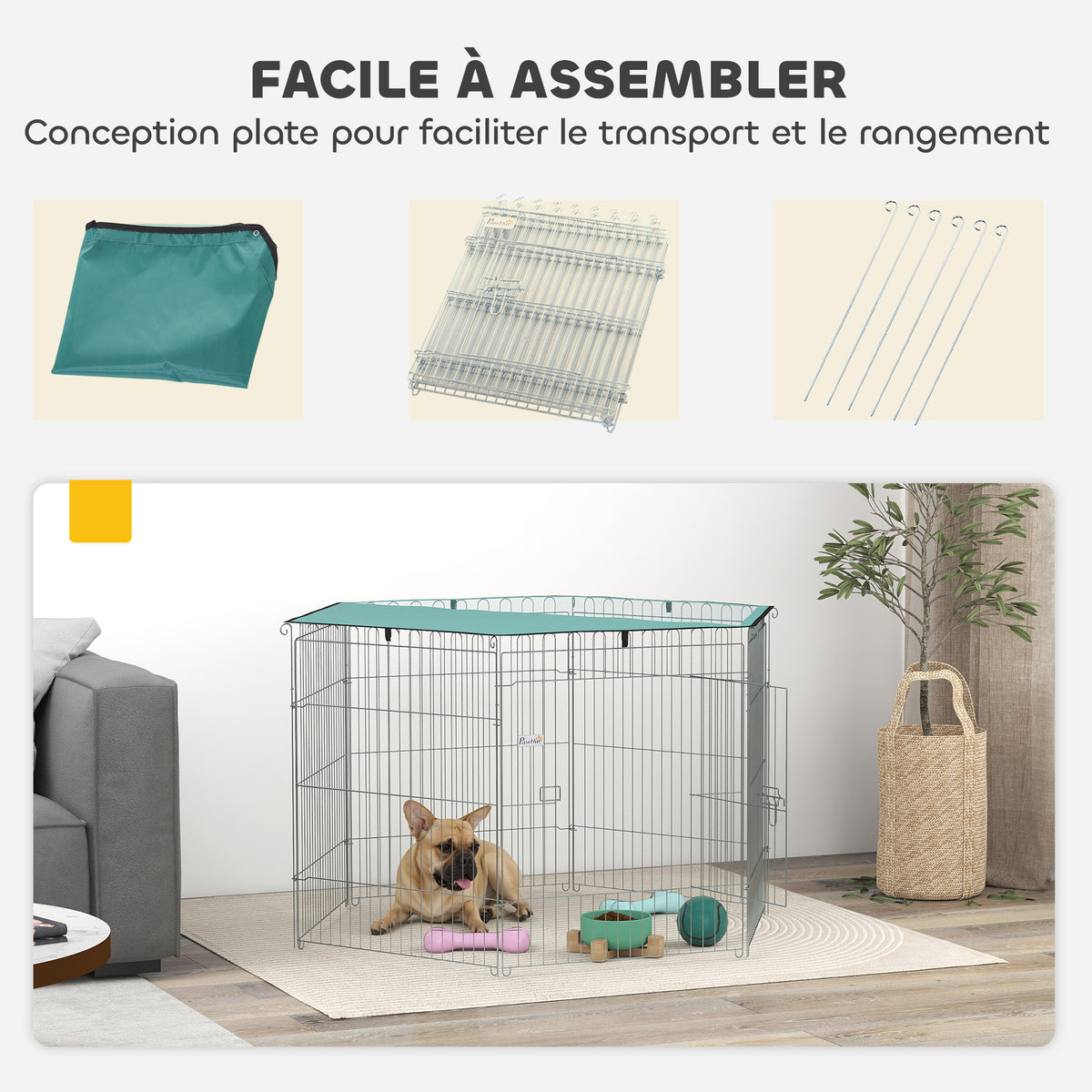 Parc pour chien, enclos chien 6 panneaux avec toit, modulable et pliable, enclos portable 76H cm avec porte argent vert-4