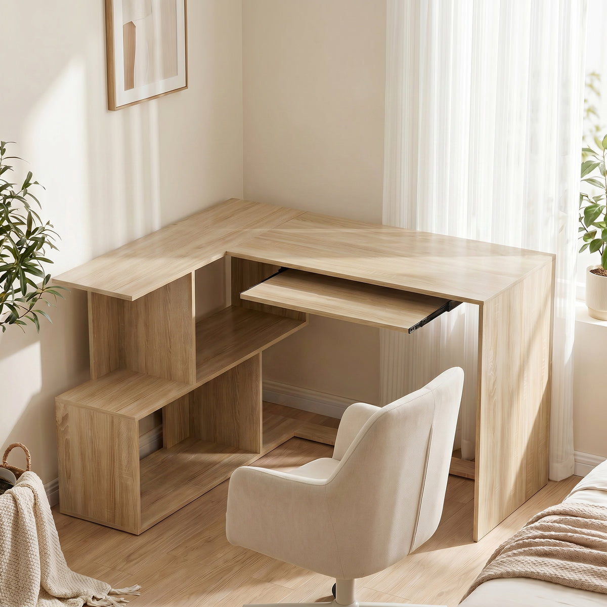 Bureau d'Angle, 120 x 100 x 76 cm, Bureau Informatique en L avec Plateau de Clavier, 4 Compartiments Ouverts, Naturel-1