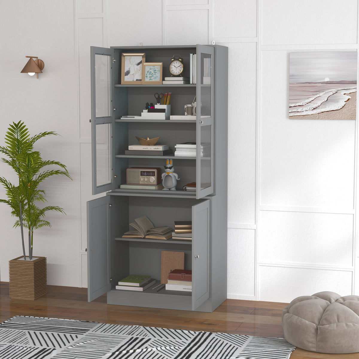 Bibliothèque vitrine, meuble de rangement à 6 niveaux avec 4 portes dont 2 en verre trempé, étagères réglables, gris-6