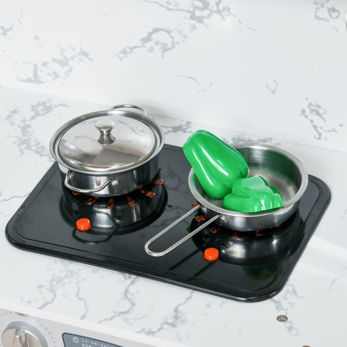 Cuisine enfant en bois avec 17 accessoires légumes en plastique boutons et lumières toque 3-6 ans gris blanc-7