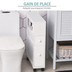 Meuble de rangement de salle de bain sur roulette armoire WC toilettes étagère ouverte 2 tiroirs 16 x 52 x 71,5 cm blanc-4
