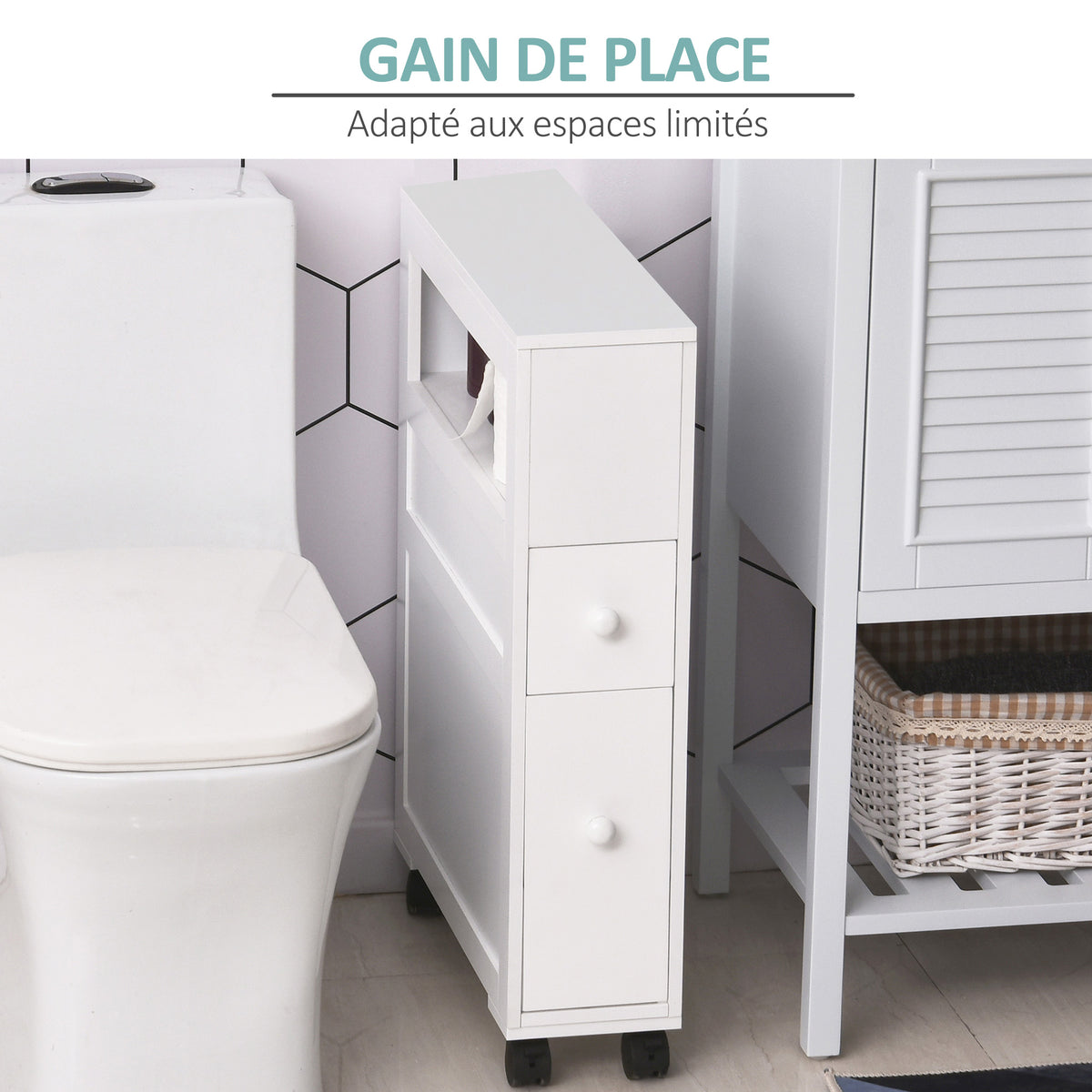 Meuble de rangement de salle de bain sur roulette armoire WC toilettes étagère ouverte 2 tiroirs 16 x 52 x 71,5 cm blanc-4