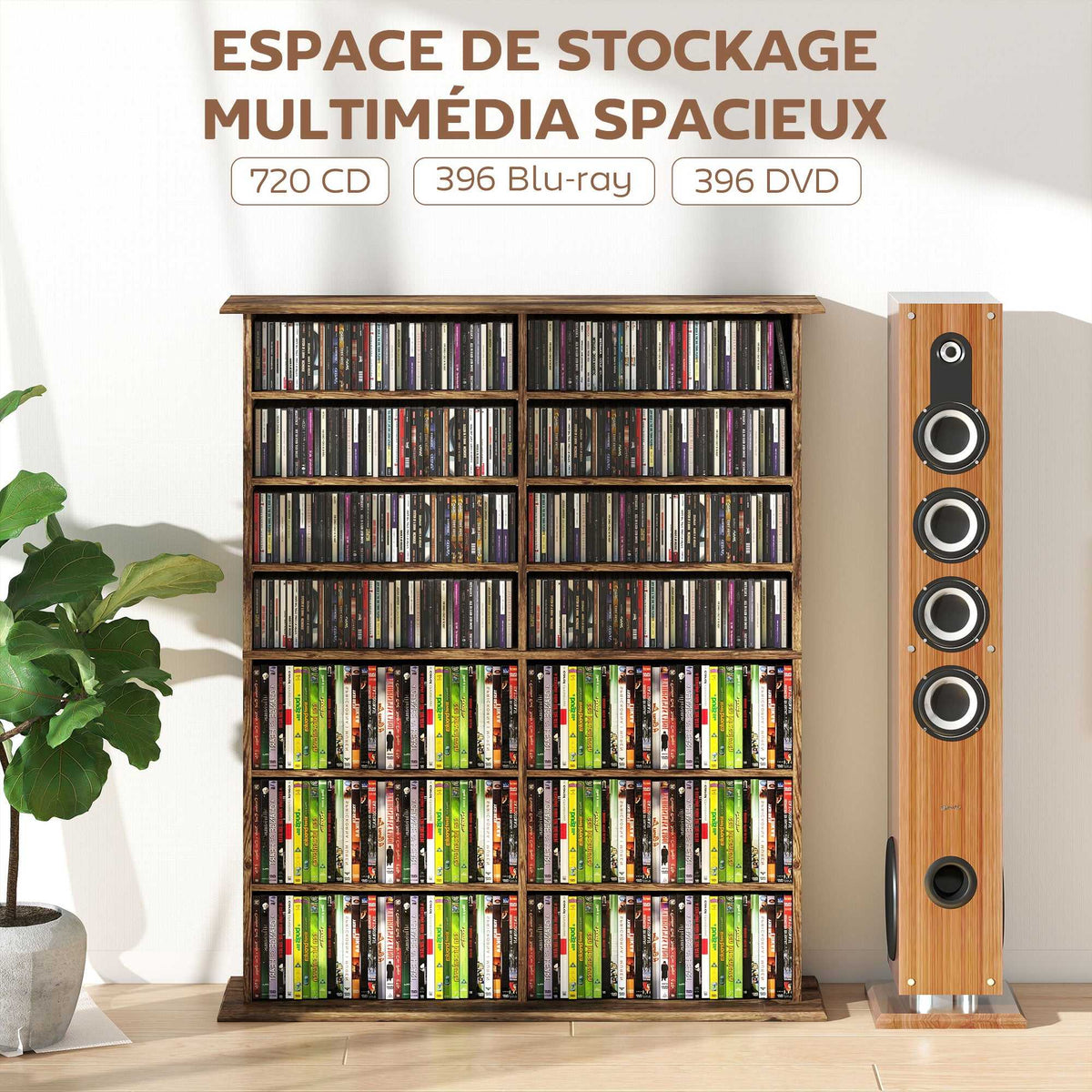 Rangements pour CD et DVD avec 16 compartiments et 12 étagères réglables capacité max. 720 CD/396 DVD et Blu-ray marron-3