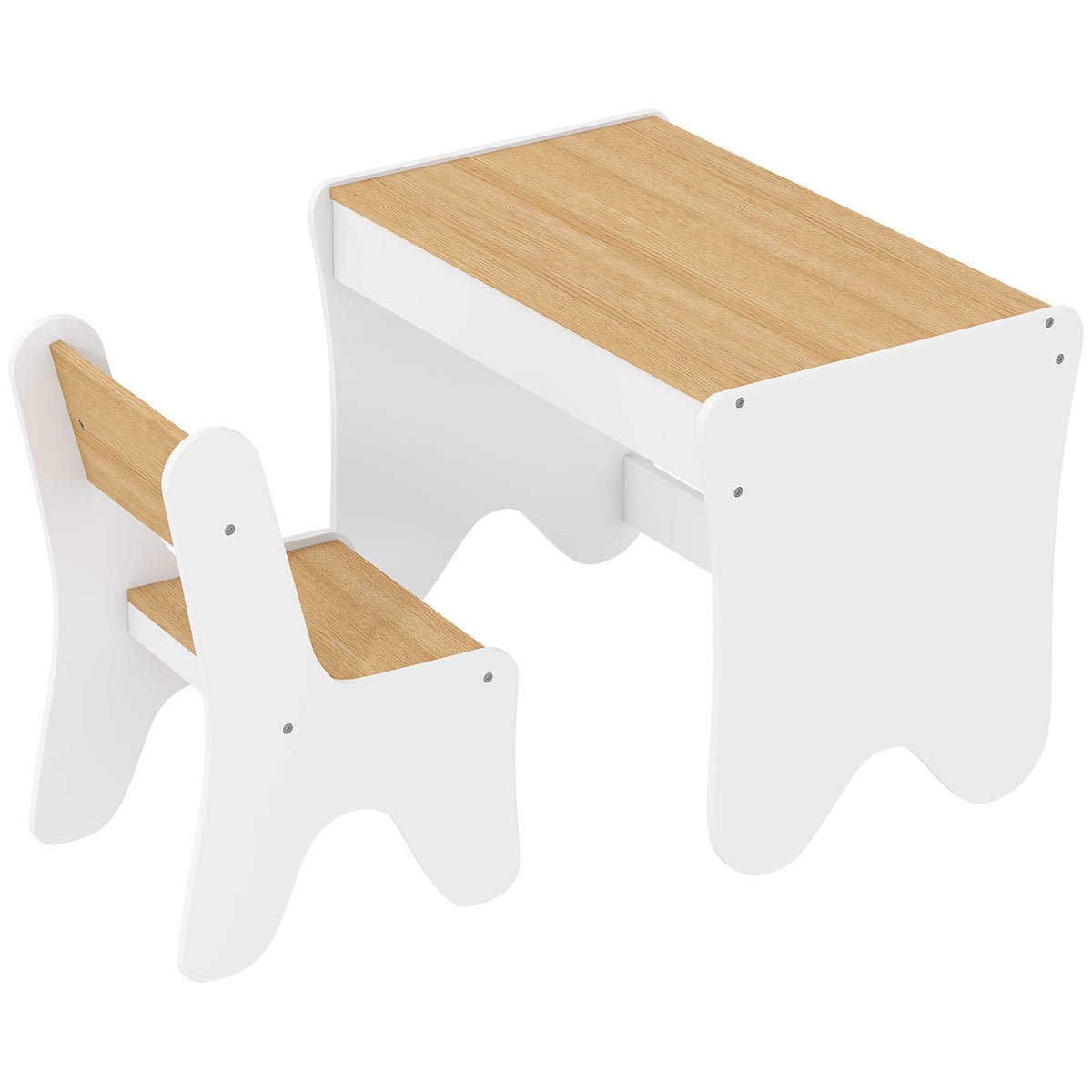 Bureau et Chaise pour Enfant 2 Pièces, Ensemble Table d'Activité avec Tiroir, 3 à 8 Ans, Blanc et Bois Naturel-0