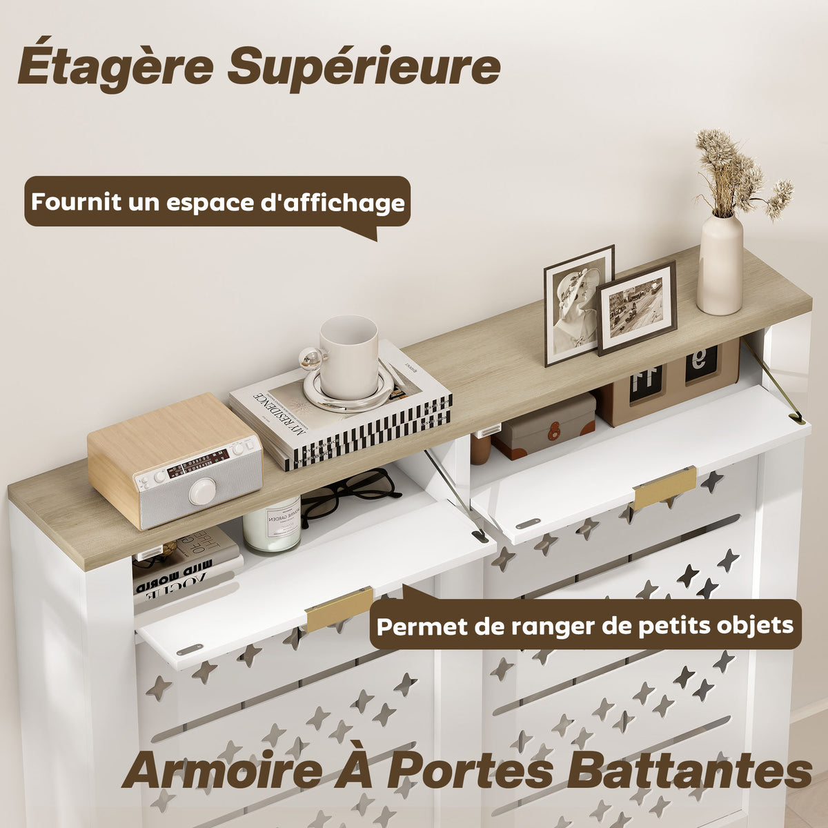 Couvercle de radiateur, cache radiateur avec placard rabattable et étagère supérieur, 108 x 19 x 95,5 cm, blanc-3