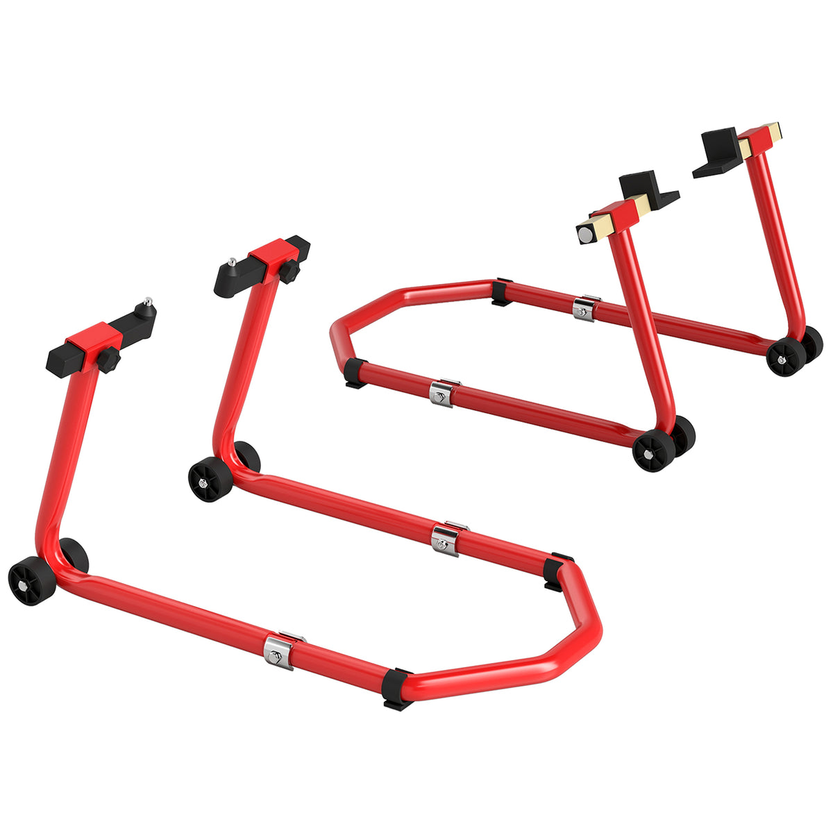 Béquille Moto, Capacité 390 kg, Support Avant et Arrière Réglable avec Fourches U+L, Clips de Serrage, 43x36x64cm, Rouge-0