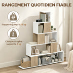 Étagère de rangement, bibliothèque géométrique à 5 niveaux, pour bureau, salon, chambre, blanc et bois naturel-5