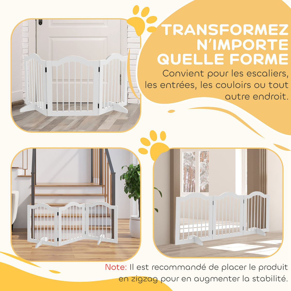 Barrière de sécurité chien barrière modulable pliable pour animaux de compagnie avec pied de support MDF bois massif 154,5 x 61 cm blanc-7