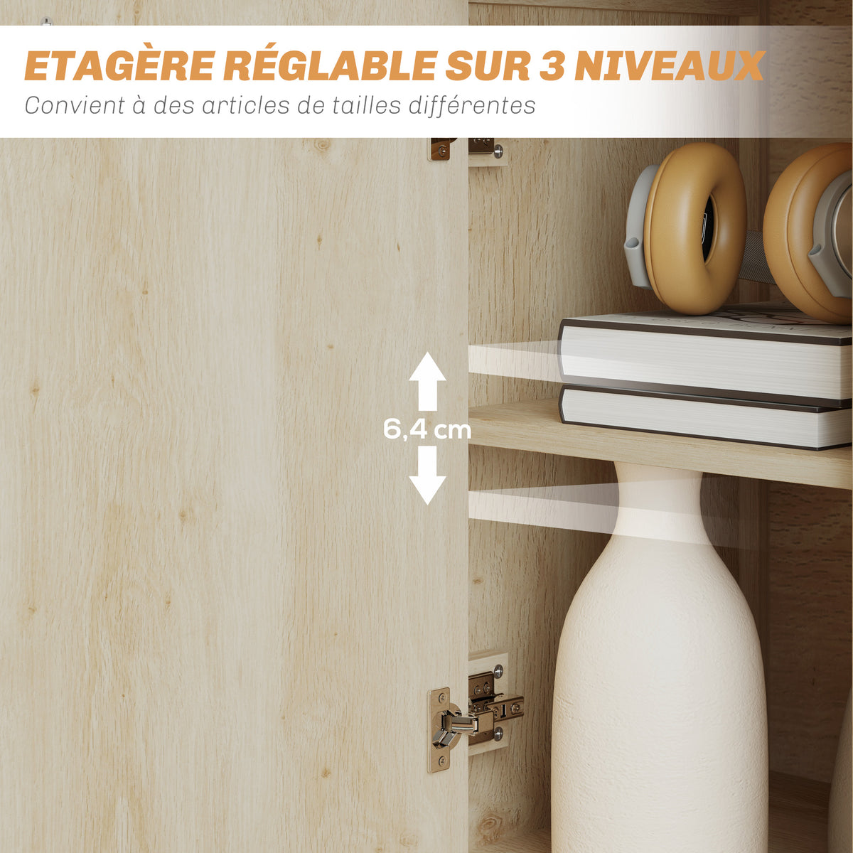 Buffet salon meuble de rangement avec placard à portes, étagère réglable et étagère ouvert, 60x30x81cm, bois naturel-5