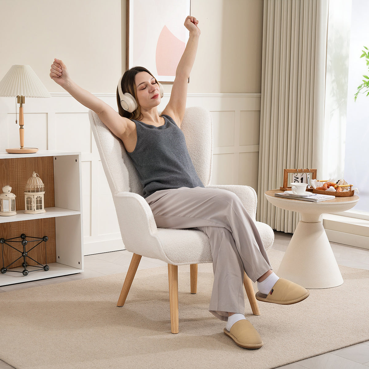 Fauteuil de salon en tissu bouclette, fauteuil capitonné et rembourré avec pieds en bois, 71 x 74 x 96 cm, beige-6