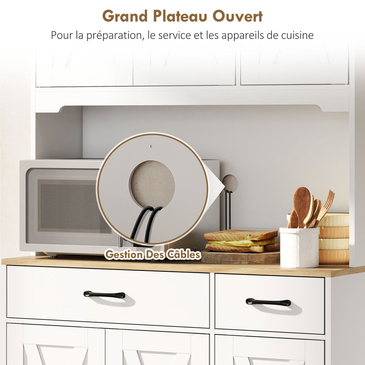 Buffet haut cuisine armoire de cuisine avec 6 portes 2 tiroirs plan de travail étagères réglables 94x39,5x175,2cm blanc-4