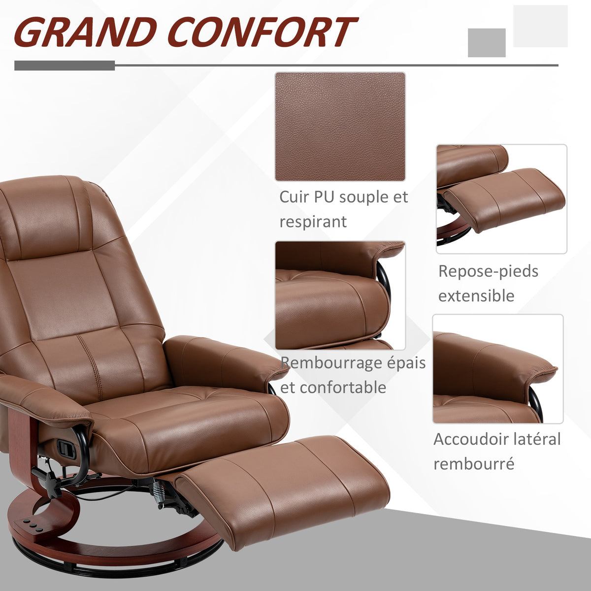 Fauteuil relax inclinable repose-pieds réglable pivotant 360° piètement bois revêtement PU respirant et doux marron-5