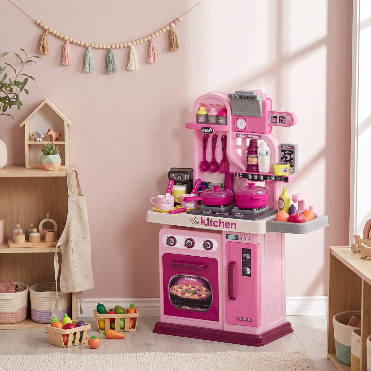 Cuisine enfant accessoires 33 PCS jouet d'imitation pour enfant dinette enfant 3-6 ans lumières et sons réalistes rose-8