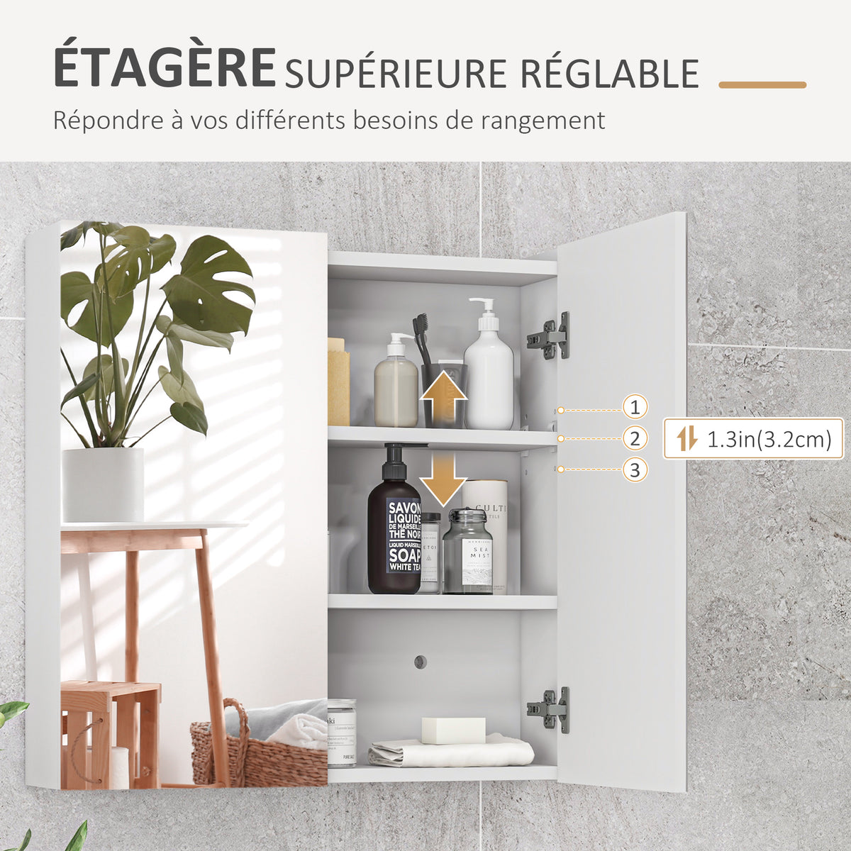 Armoire murale de salle de bain miroir placard de rangement 2 portes 3 niveaux étagère réglable 60 x 15 x 60 cm blanc-4
