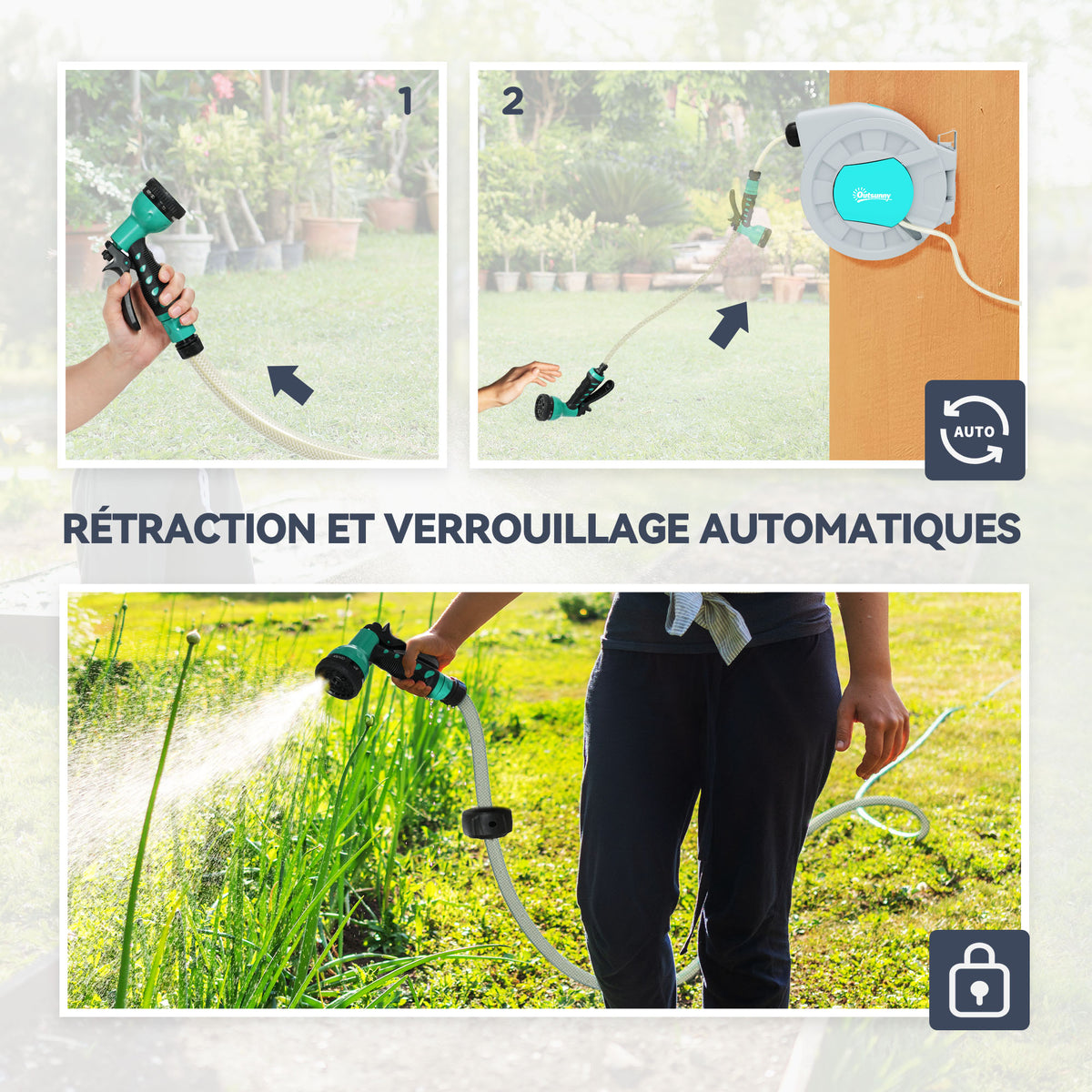 Enrouleur tuyau arrosage dévidoir de tuyaux d'eau 25+2 m support mural + poignée pivotant à 180° 55 x 20 x 42 cm gris-5
