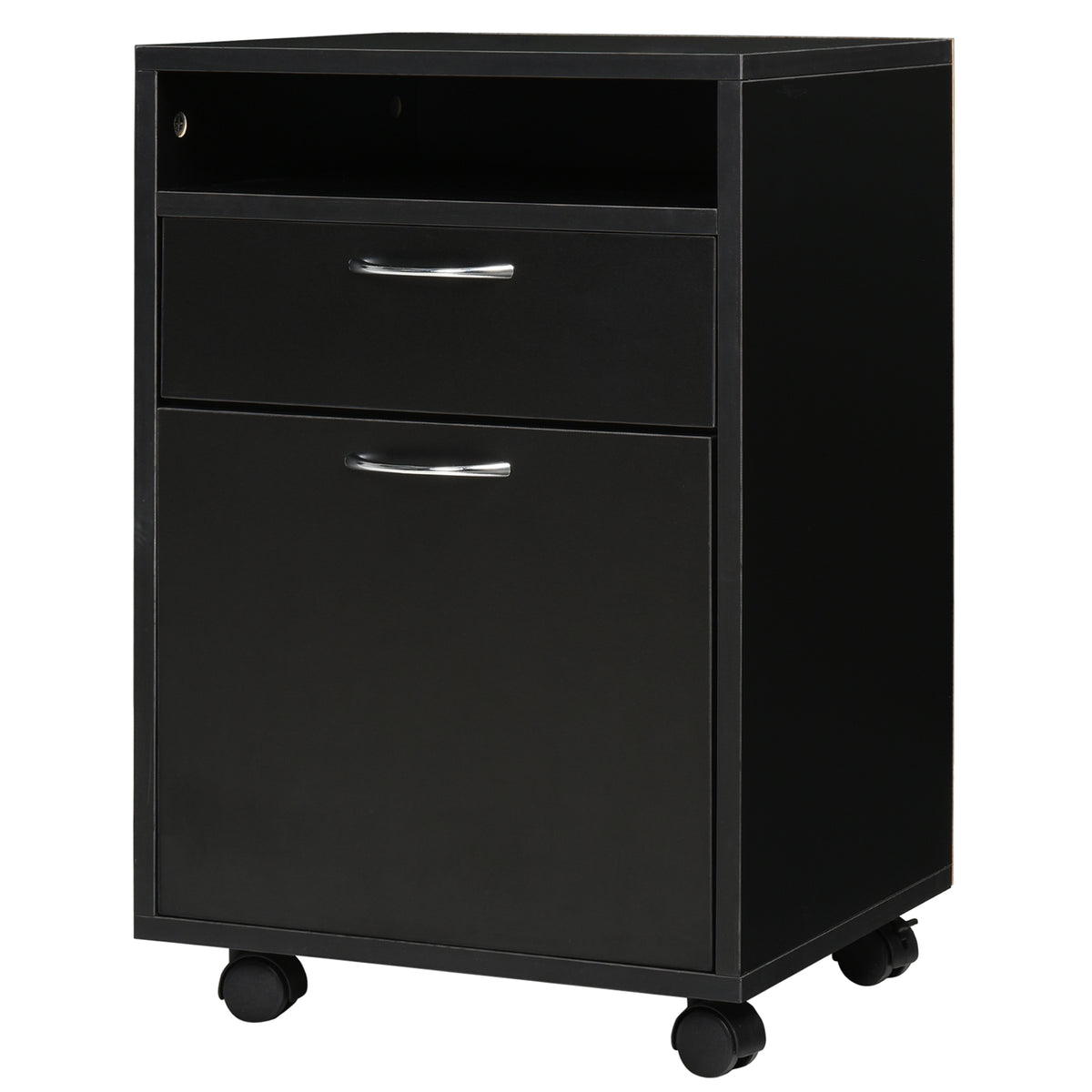 Caisson de bureau rangement bureau sur roulettes tiroir placard niche panneaux particules noir-0