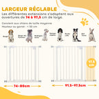 Barrière de sécurité largueur réglable 74-80 / 91,5-97,5 cm double verrouillage fermeture automatique barrière chien pour porte couloir escalier sans perçage acier blanc-3
