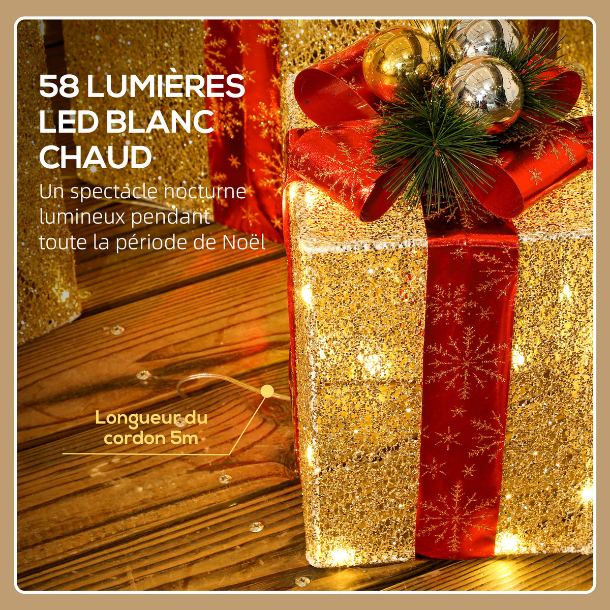 Boîtes cadeaux Noël lumineuse décorations de Noël avec nœud 58 lumières lot de 3 boîtes à cadeaux à LED or-4
