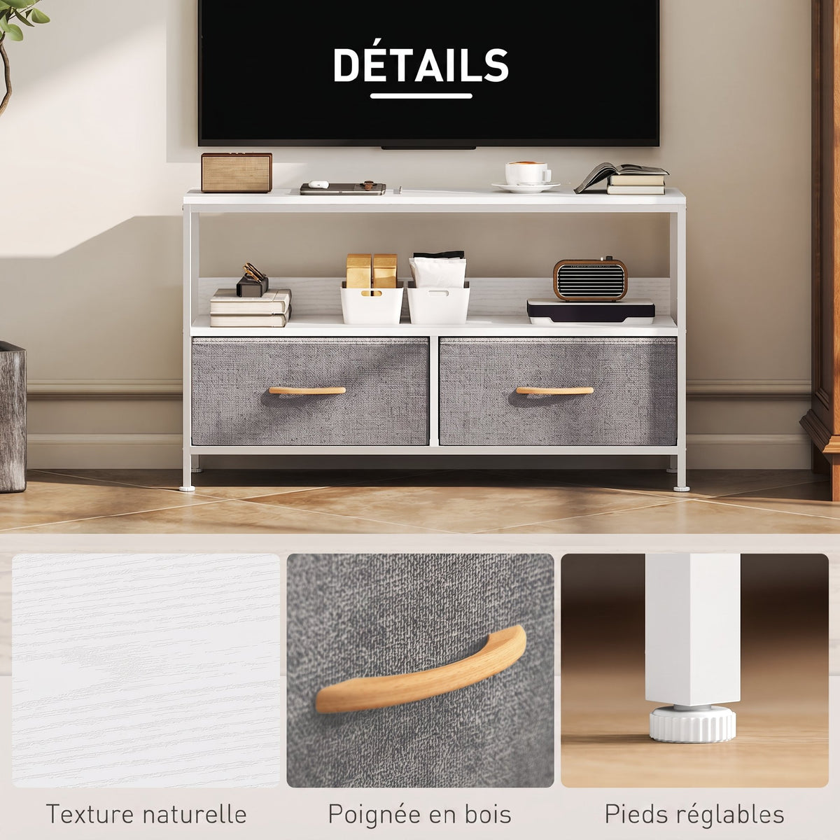 Meuble TV, meuble télé pour téléviseur jusqu'à 47 pouces avec 2 tiroirs et pieds en acier, 98 x 29 x 56 cm, gris clair-5