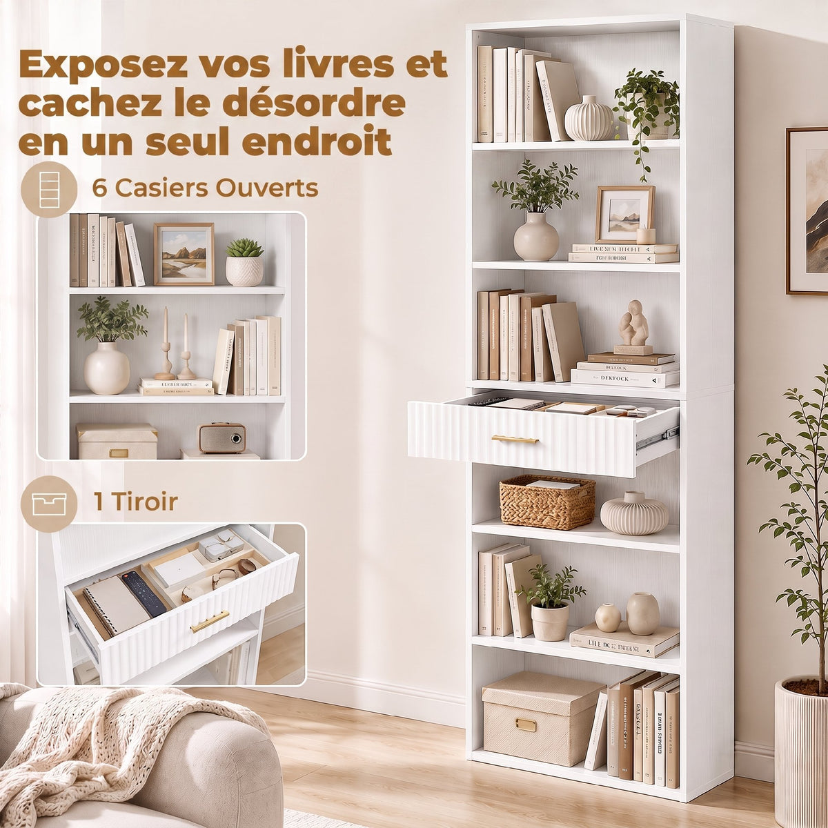 Bibliothèque à 7 Niveaux, 6 Compartiments Ouverts et Tiroir au Motif Ondulé, Moderne, 60 x 24 x 182 cm, Blanc-3