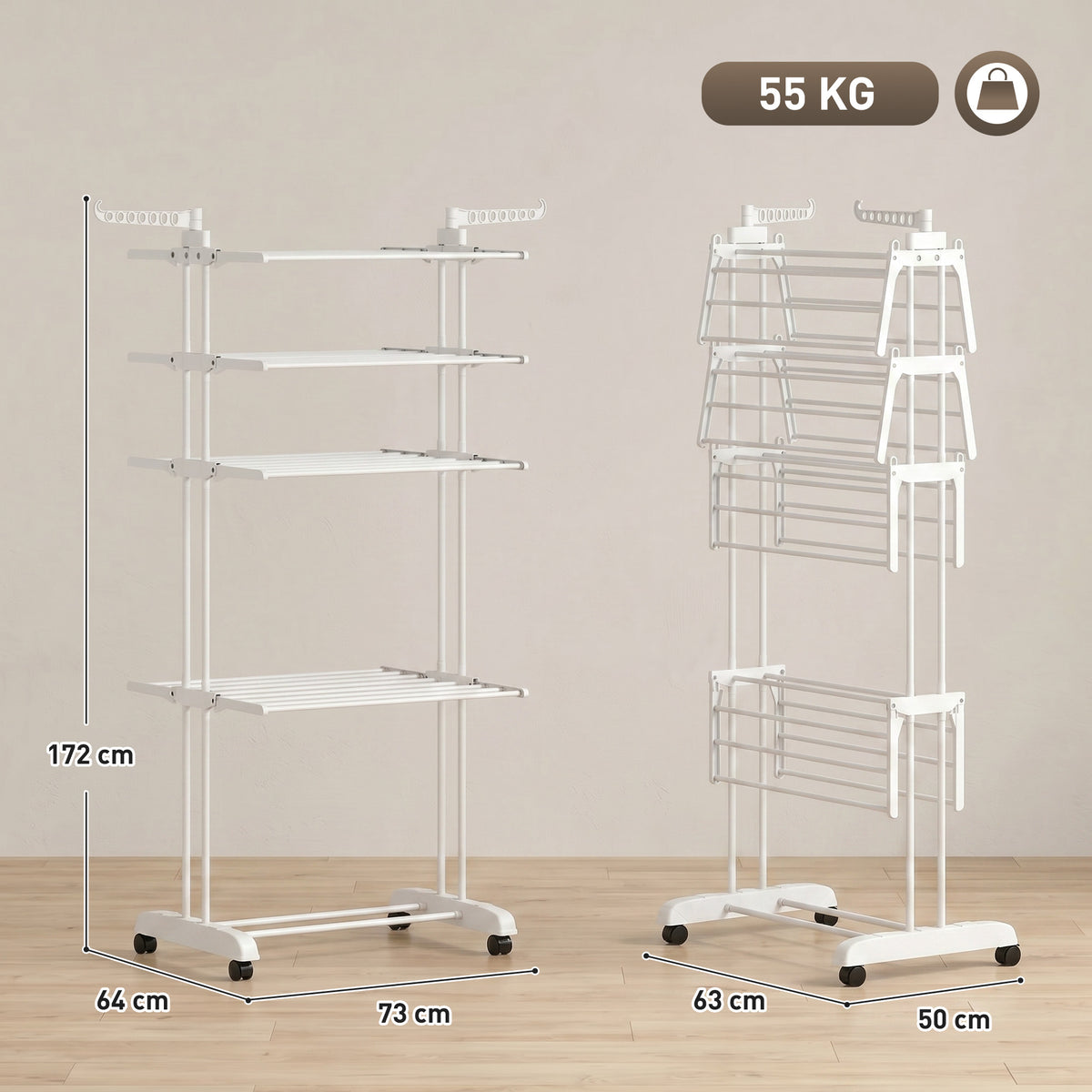 Séchoir à linge pliable 4 niveaux avec roulettes, étendoir linge intérieur avec ailes latérales, cadre en acier, blanc-2