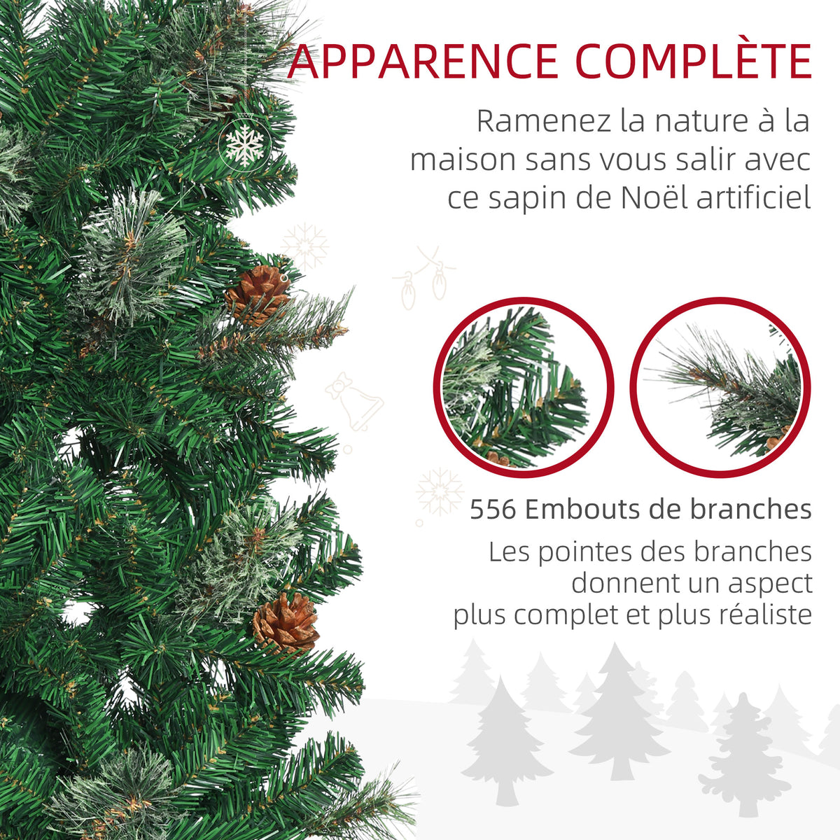 Sapin arbre de Noël artificiel 195 cm 556 branches avec 27 pommes de pin+ support pied pliable vert-6