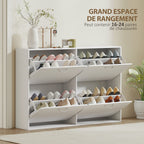 Armoire à Chaussures Meuble à Chaussures Grande Taille dim. 120L x 24l x 81H cm 4 Portes abattantes Double Niveau en Bois Blanc-3