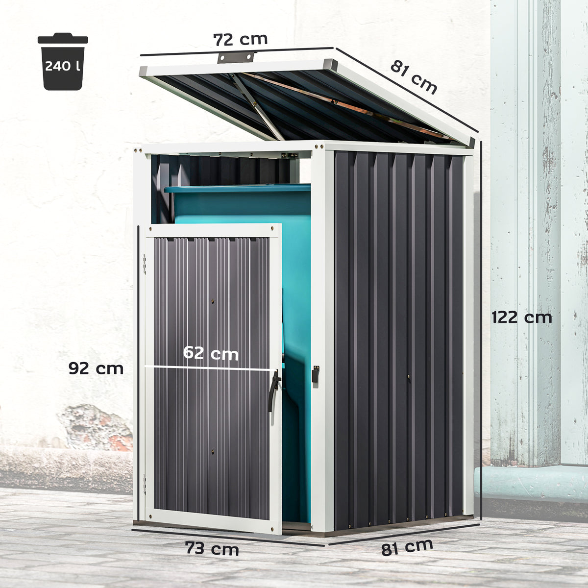 Abri pour 1 poubelle 240L cache poubelle extérieur couvercle relevable 180° acier galvanisé 73 x 81 x 122 cm gris foncé-2