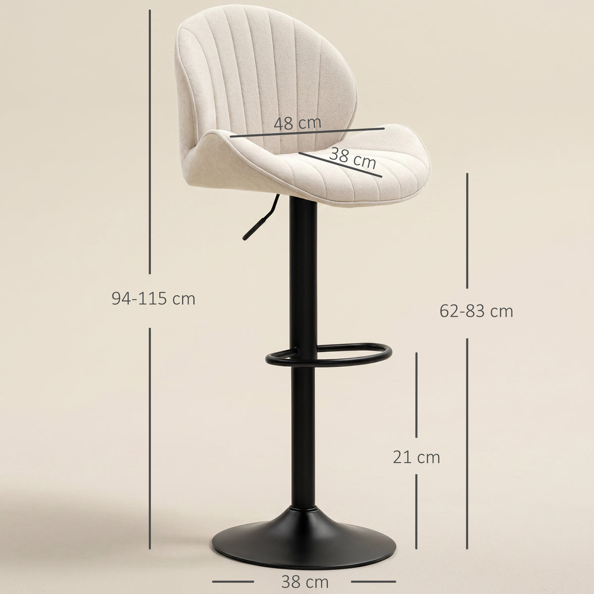 Lot de 2 tabourets de bar forme de coquillage, dossier, hauteur réglable et repose-pieds, cadre en acier, beige-2