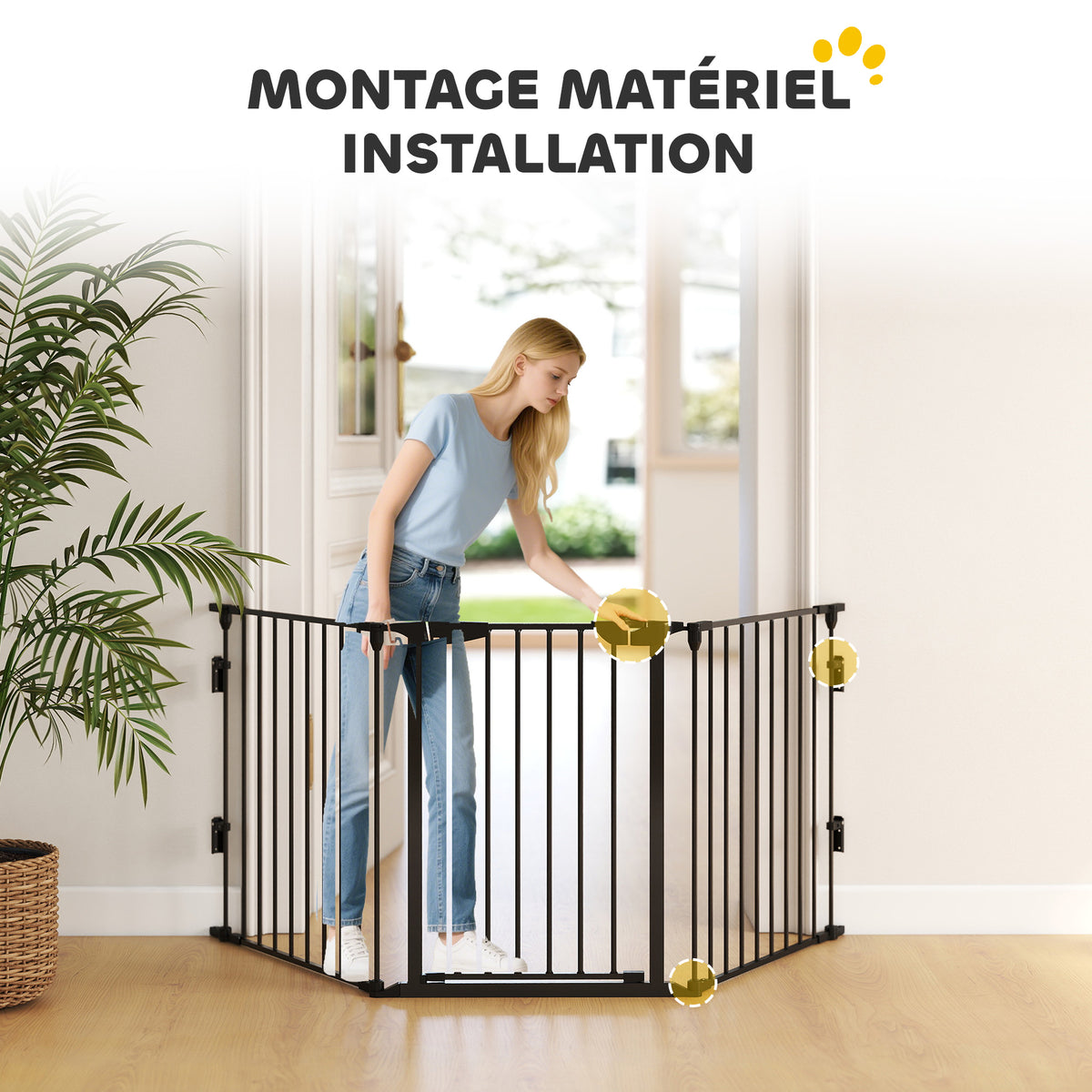 Barrière de sécurité parc enclos chien modulable pliable porte intégrée 300L max. x 74,5H cm métal PP noir-8