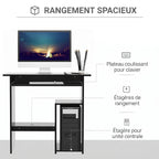 Bureau d'ordinateur, bureau avec rangement, plateau pour clavier et support de moniteur, 80 x 45 x 75 cm, noir-3