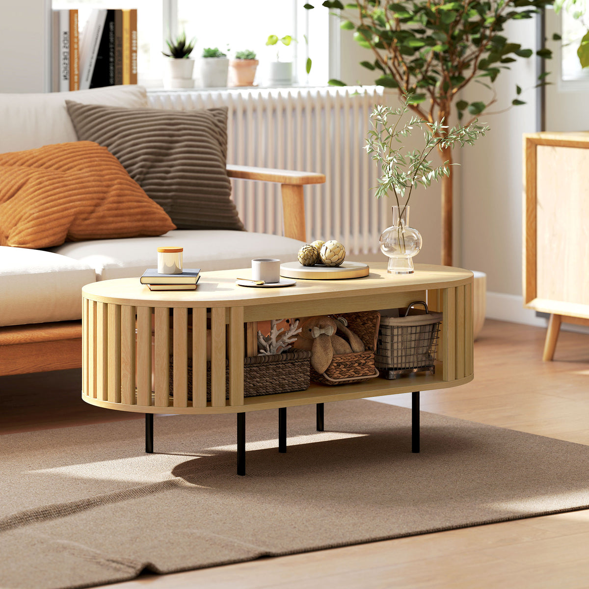 Table basse ovale, table de salon avec rangement, coins arrondis, design lattes, 100 x 50 x 40 cm, effet bois naturel-8