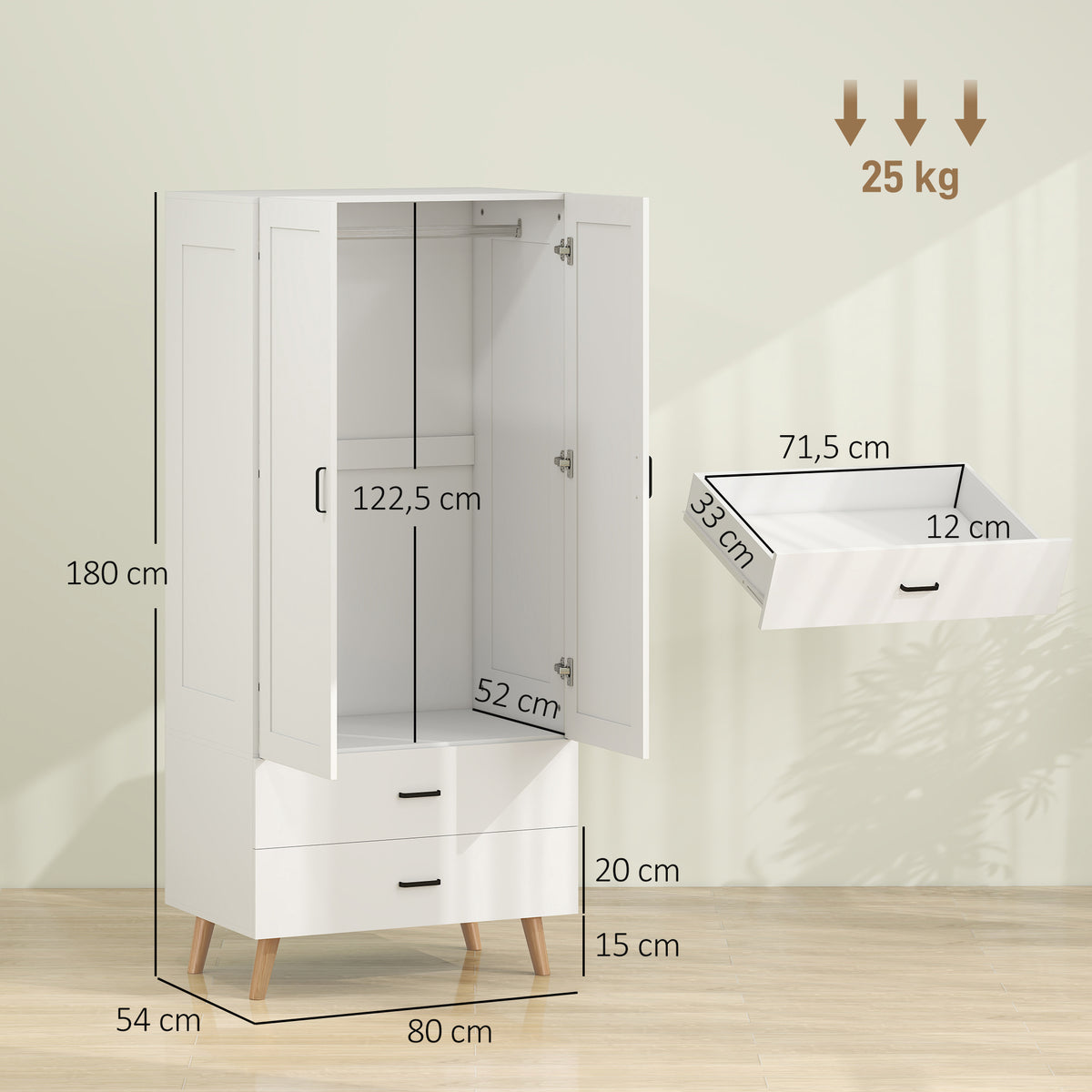 Armoire chambre penderie 2 portes à fermeture douce, 2 tiroirs et barre de suspension, 80x54x180cm, blanc-2