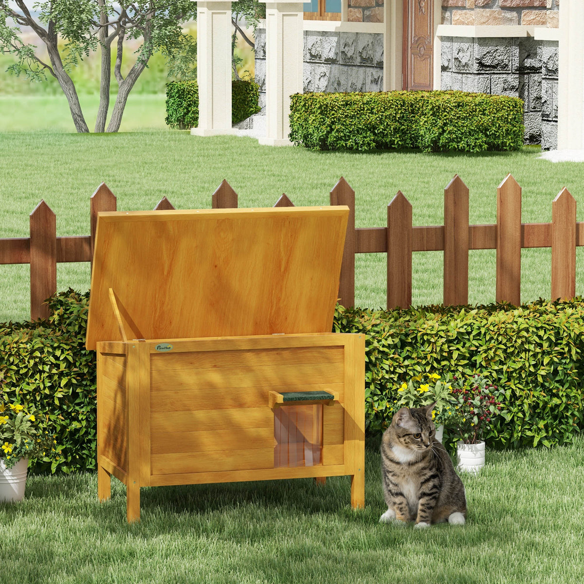 Maison pour chats niche d'extérieur en bois surrélevée avec toit ouvrable isolée 85 x 50 x 68,5 cm naturel vert-1