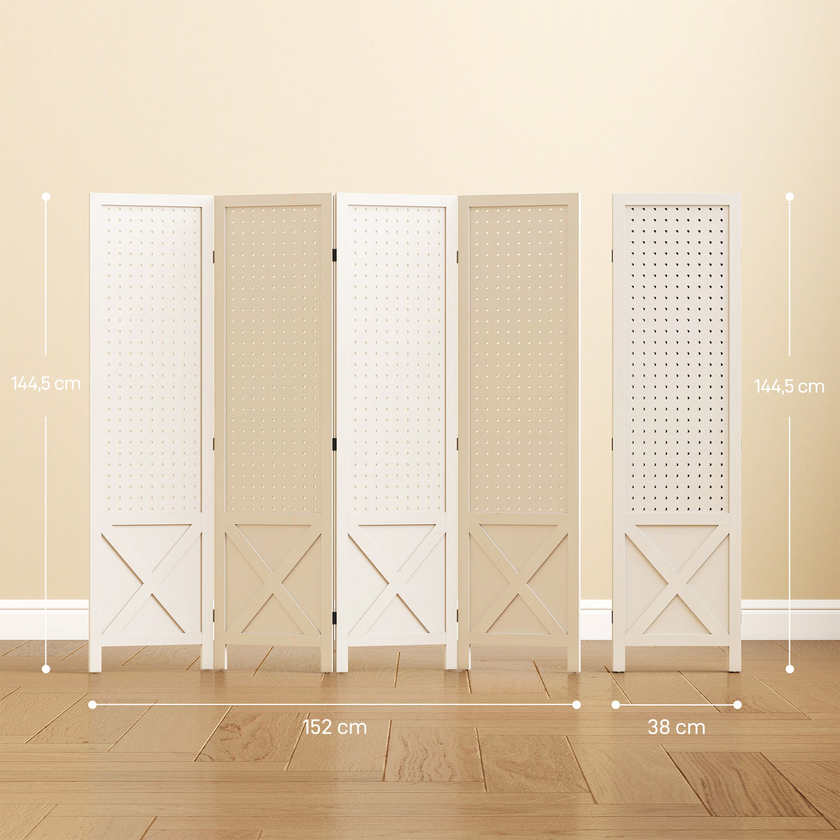 Paravent intérieur en bois 4 panneaux séparateur de pièce pliable panneau perforé 152 x 1,7 x 144,5 cm blanc-2