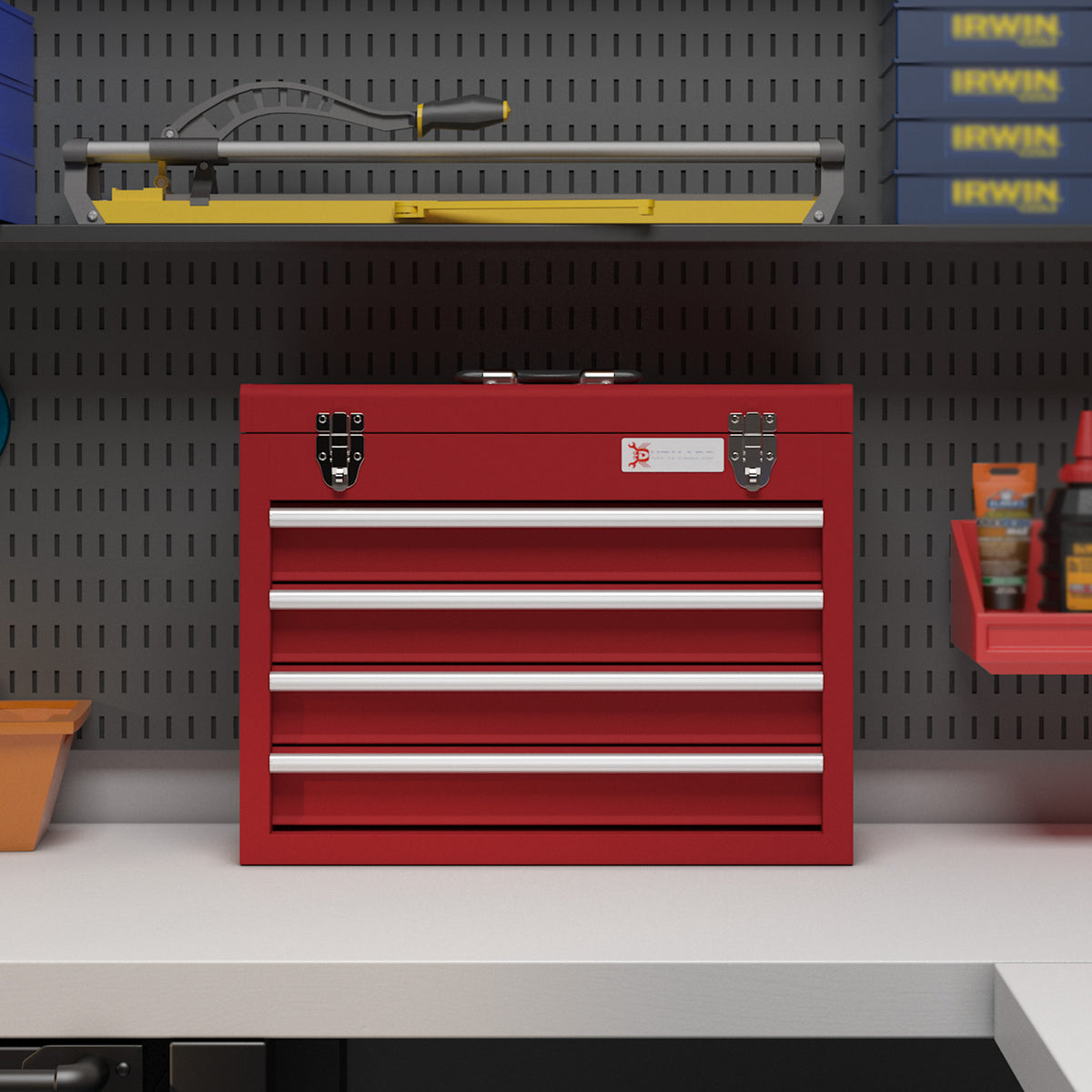 Boite à outils métallique coffret à outils caisse à outils 4 tiroirs + plateau tôle acier 51 x 22 x 39,5 cm rouge-5