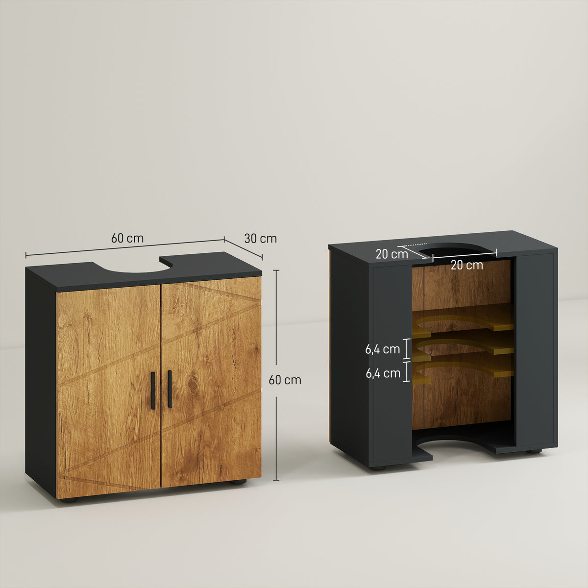 Meuble sous vasque lavabo meuble de salle de bain 2 portes avec étagère 60 x 30 x 60 cm gris anthracite et aspect bois-2