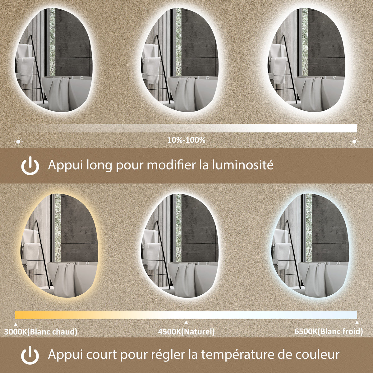 Miroir de Salle de Bain Asymétrique LED 70 x 50 cm - 3 couleurs, anti-buée, montage mural avec interrupteur tactile-3