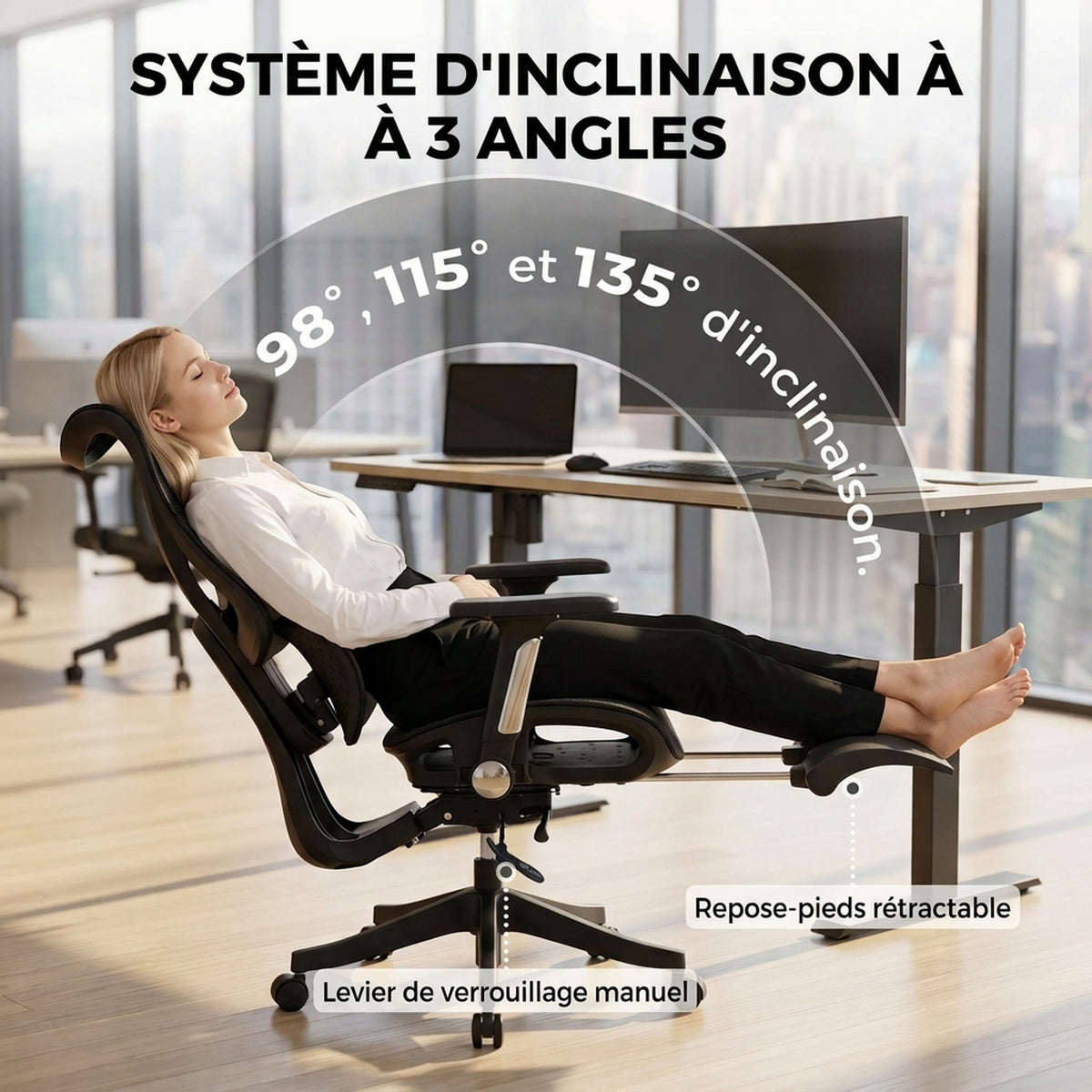 Chaise Bureau Ergonomique, Fauteuil de Bureau Inclinable en Maille, Support Lombaire, Accoudoirs 4D, Noir-4